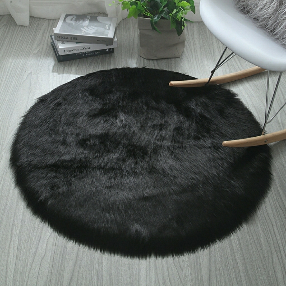 Black Shaggy Round Faux Fur Rug